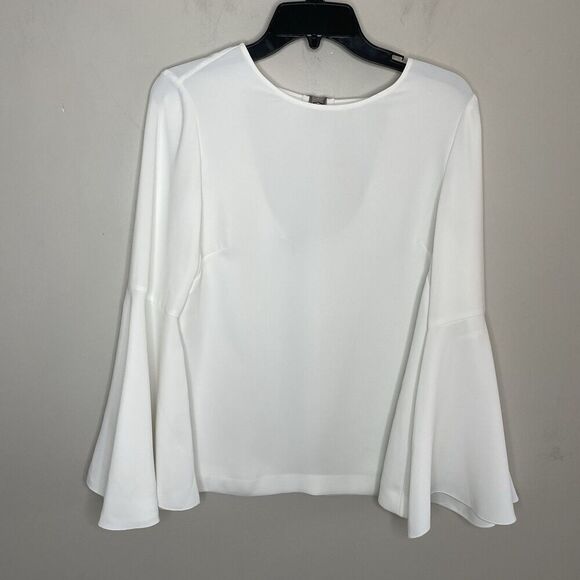 ELIZABETH AND JAMES Top Women 6 White Bell Sleeve Partial Sheer Blouse Open Back - Picture 1 of 13